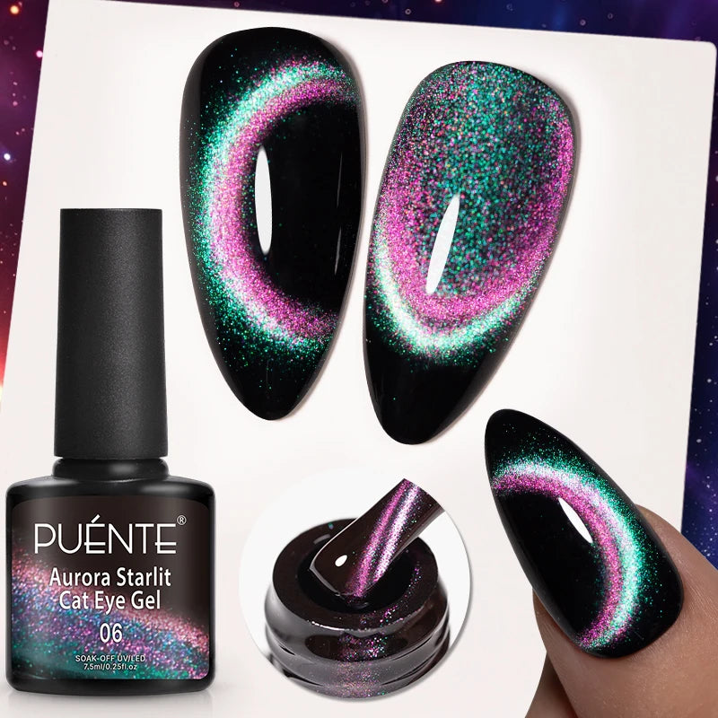 7.5ML Sparkling Rainbow Cat Magnetic Gel Nail Polish Pinkish Purple Laser Cat Eye Gel Soak Off UV Nail Art Varnish For Manicure