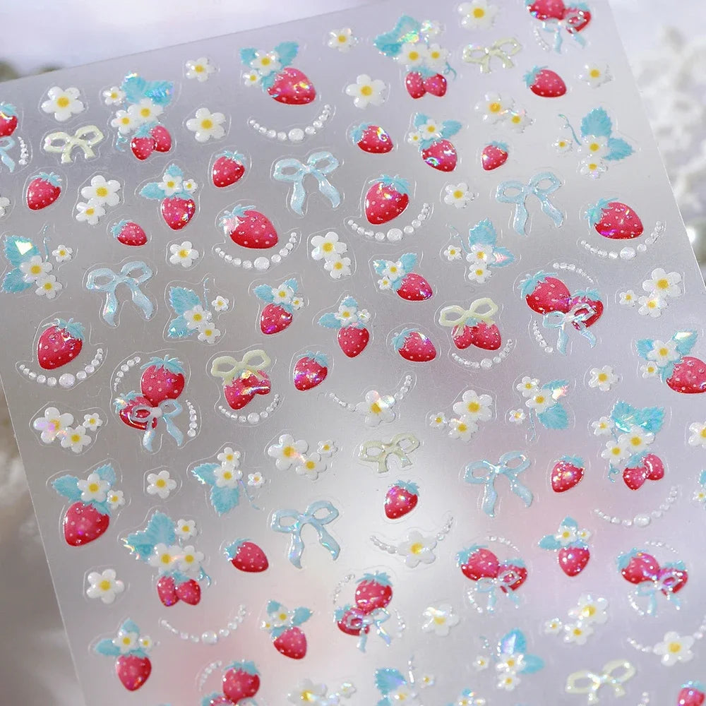 Cute Juicy Red Cherry Bowknot 5D Nail Art Stickers Lovely Shiny Crystal Rhinestone Self Adhesive Decoration Manicure Decal DIY