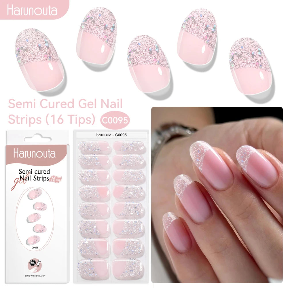 Harunouta 16strips Gradient Red Marble Gold Line Semi Cured Gel Nail Strips DIY Gel Polish Stickers for Nails Work with UV/LED