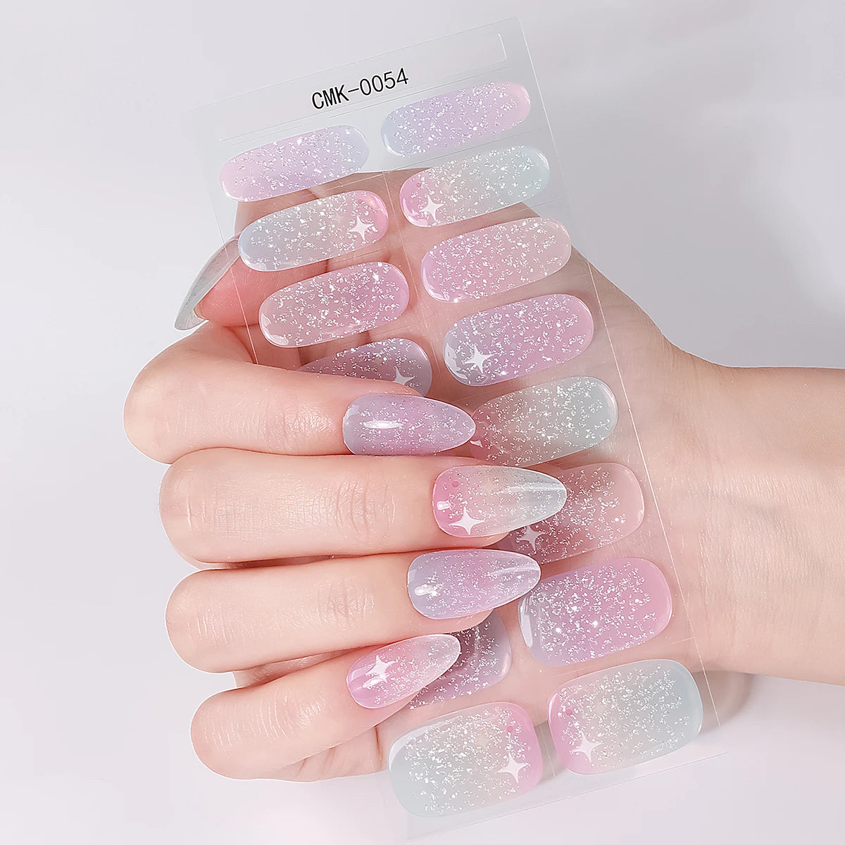 16Tips Gradient Starry Sky Gel Nail Strips Full Cover Sparkling Glitter Baking-Free Gel Nail Stickers DIY Manicure Decoration