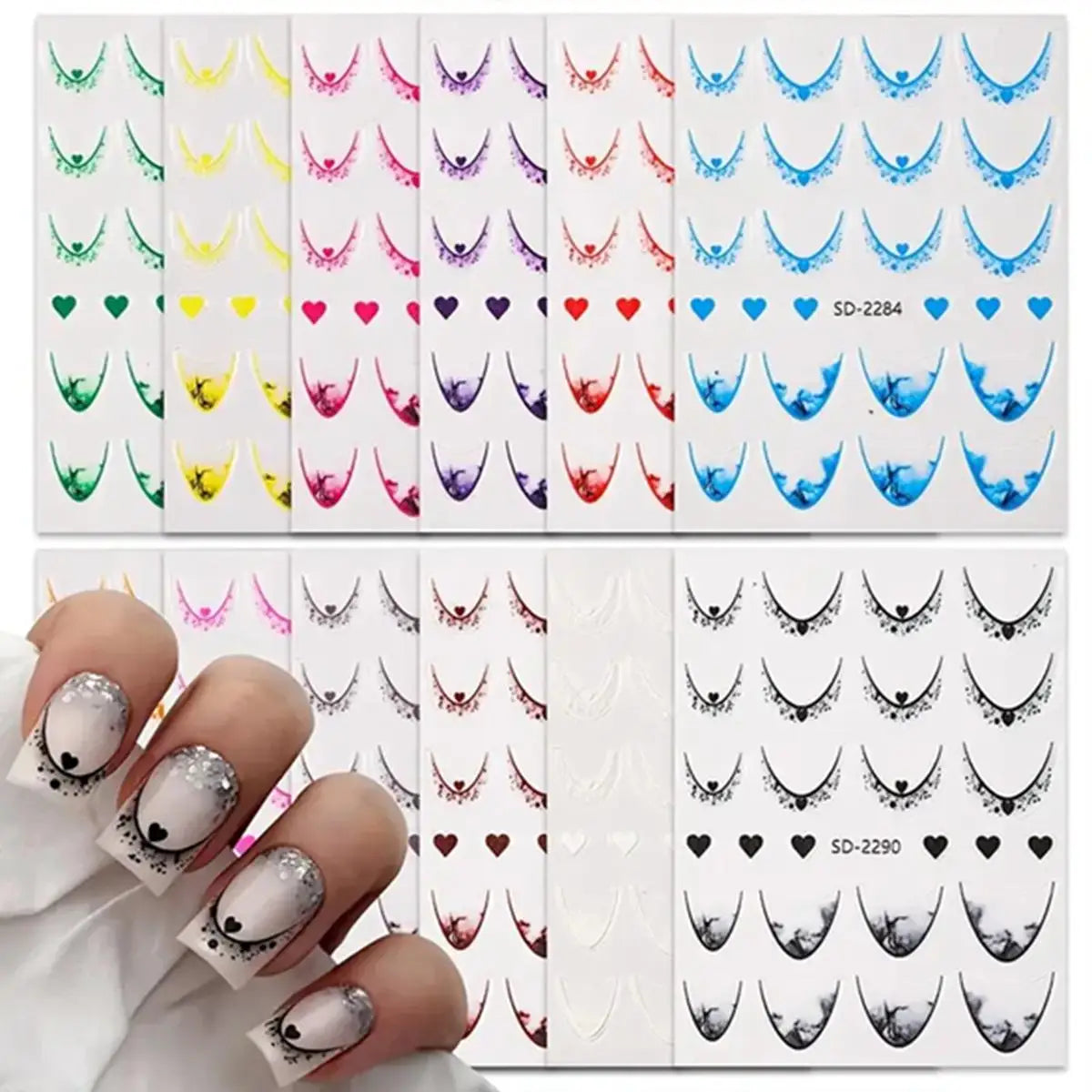 12 Sheets Gradient French Tip Nail Stickers Heart Design Nail Decals Self-Adhesive Manicure Stickers 12 Colors for DIY Nail Art