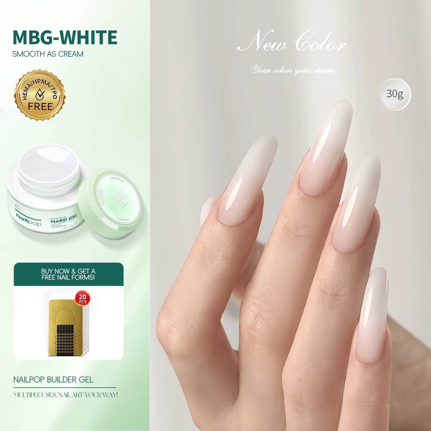 Nailpop 30g HEMA-FREE Builder Gel Milky Smooth UV Nail Gel for Extension Long Lasting Hard Gel Nail Strengthen Nail Art Design