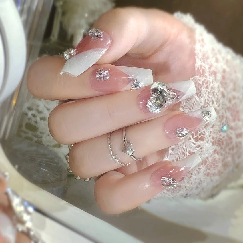 24pcs New Year Heavy Metal Press on Nails Chinese Bride Wedding Fake Nails Full Cover Wearable Shiny Large Crystal False Nails