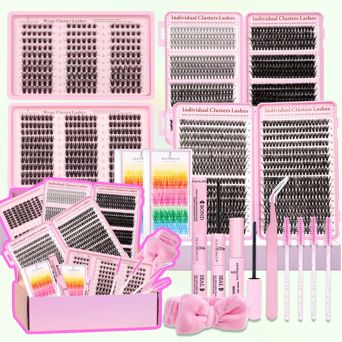DIY Lash Clusters Kit Mixed Styles Eyelash Extension Full Set Individual Lashes with Lash Bond&Seal and Tweezers Makeup Tool