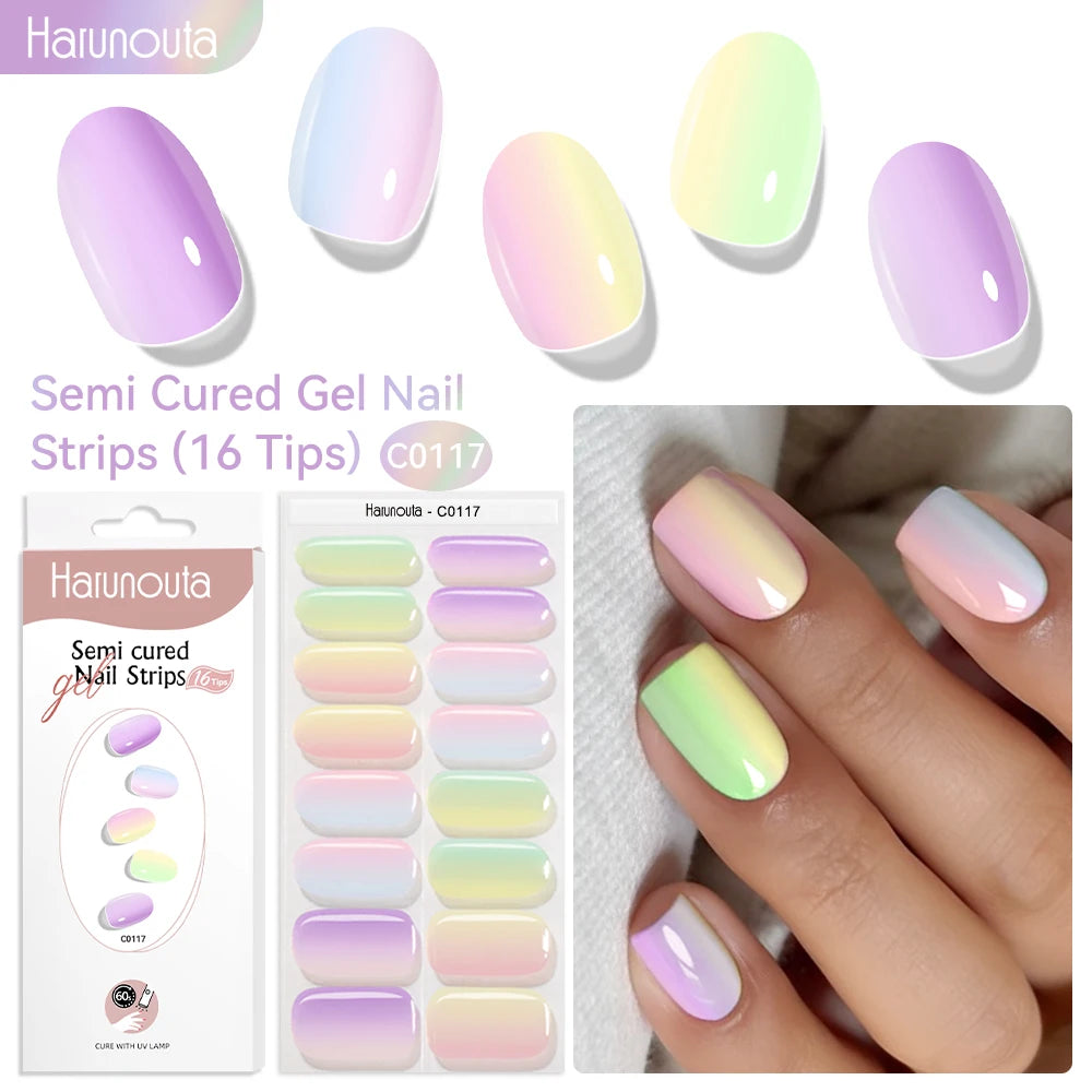 Harunouta 16strips Gradient Red Marble Gold Line Semi Cured Gel Nail Strips DIY Gel Polish Stickers for Nails Work with UV/LED