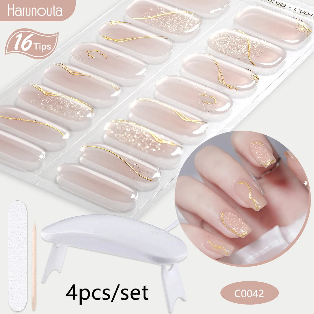 Harunouta 4pcs/set Gradient Jelly Semi Cured Gel Nail Strips with Nail Lamp Nude Pink Waterproof Nail Stickers Long Lasting Wrap