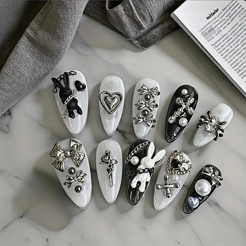 10pcs personalized black and white nail art, rabbit and bow decoration - Gothic minimalist style, suitable for daily wear