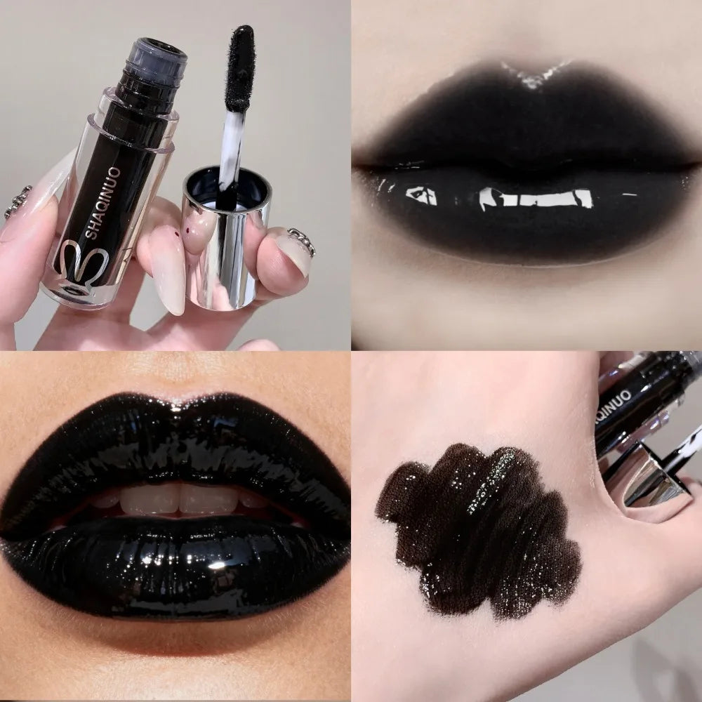 Black Rabbit Gothic Silver Metallic Lip Gloss Black Mirror Light Translucent Lip Lacquer Non-Sticky Water Gloss Lips Tint Makeup