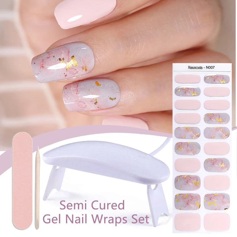 Harunouta 4pcs/set Gradient Jelly Semi Cured Gel Nail Strips with Nail Lamp Nude Pink Waterproof Nail Stickers Long Lasting Wrap