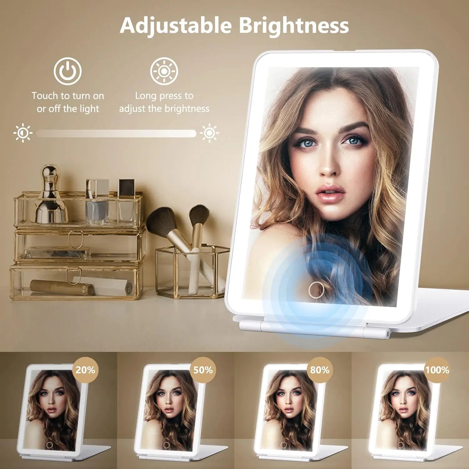 LED Folding Travel Makeup Mirror 3 Colors Light Modes USB Rechargeable Touch Screen Portable Tabletop Cosmetic Mirror