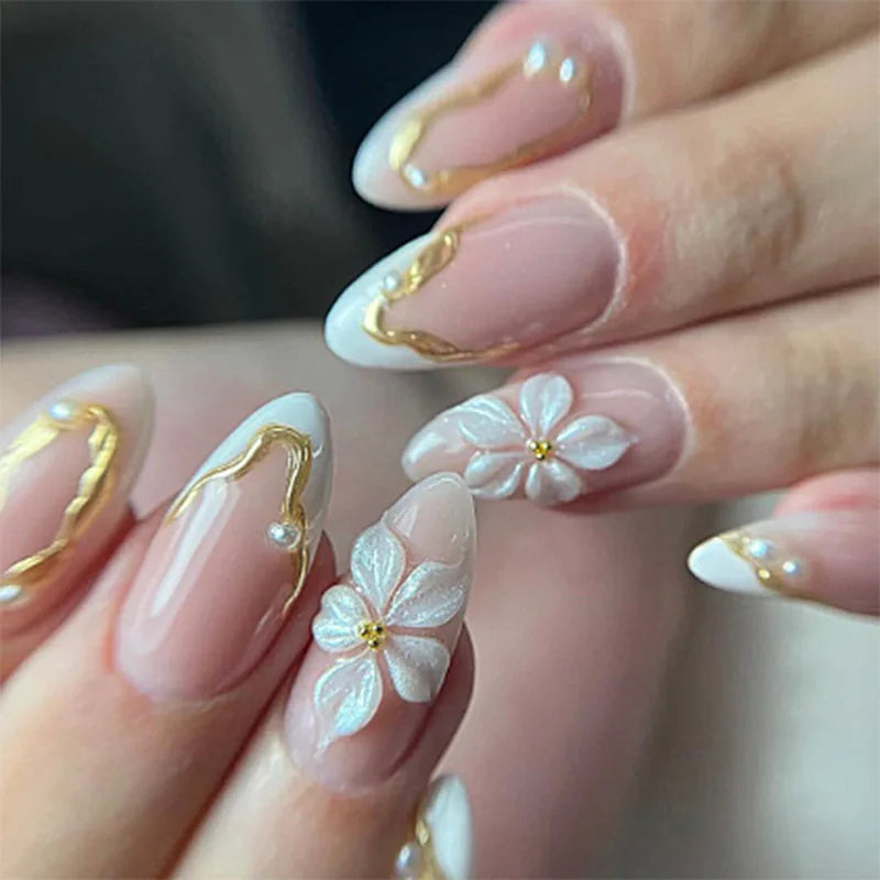 24Pcs 3D Strawberry Rabbit Flower Fake Nails Press on Mid-length Almond Wearable False Nails Green Gradient Pearl Manicure Tips