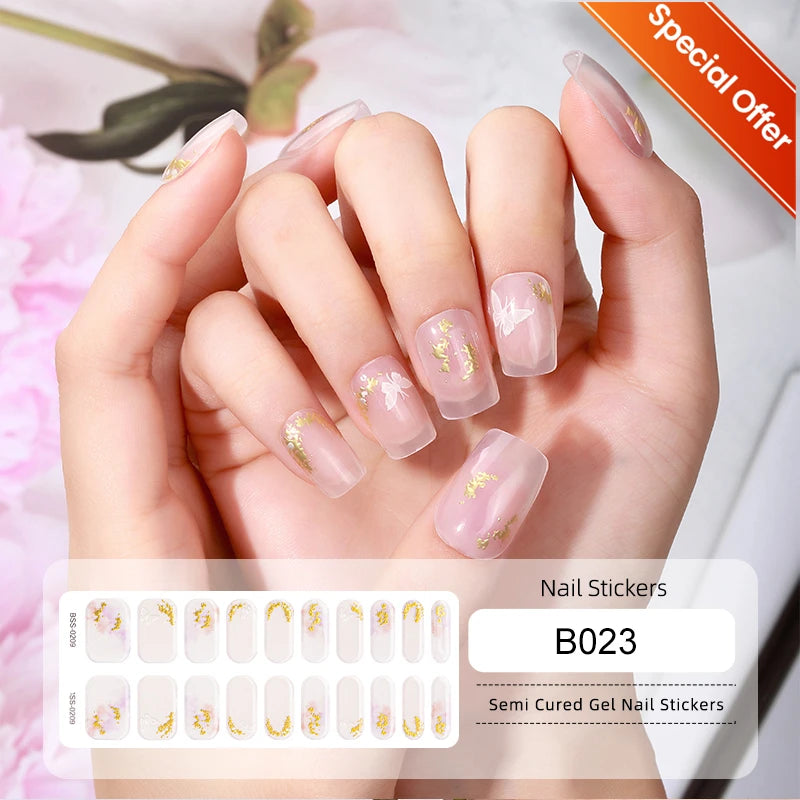 20Tips Gradient French Semi-cured Gel Nail Sticker UV Lamp Needed Full Cover Nail Gel Polish Wraps Manicure Press on Nails Decal