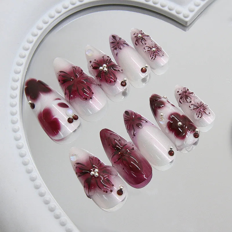 24pcs Flower Print Press on Nails Wine Red Blush Almond False Nail Tips Wearable Reusable Summer Spicy Girl Fake Nails
