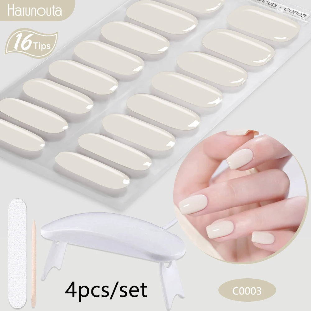 Harunouta 4pcs/set Gradient Jelly Semi Cured Gel Nail Strips with Nail Lamp Nude Pink Waterproof Nail Stickers Long Lasting Wrap