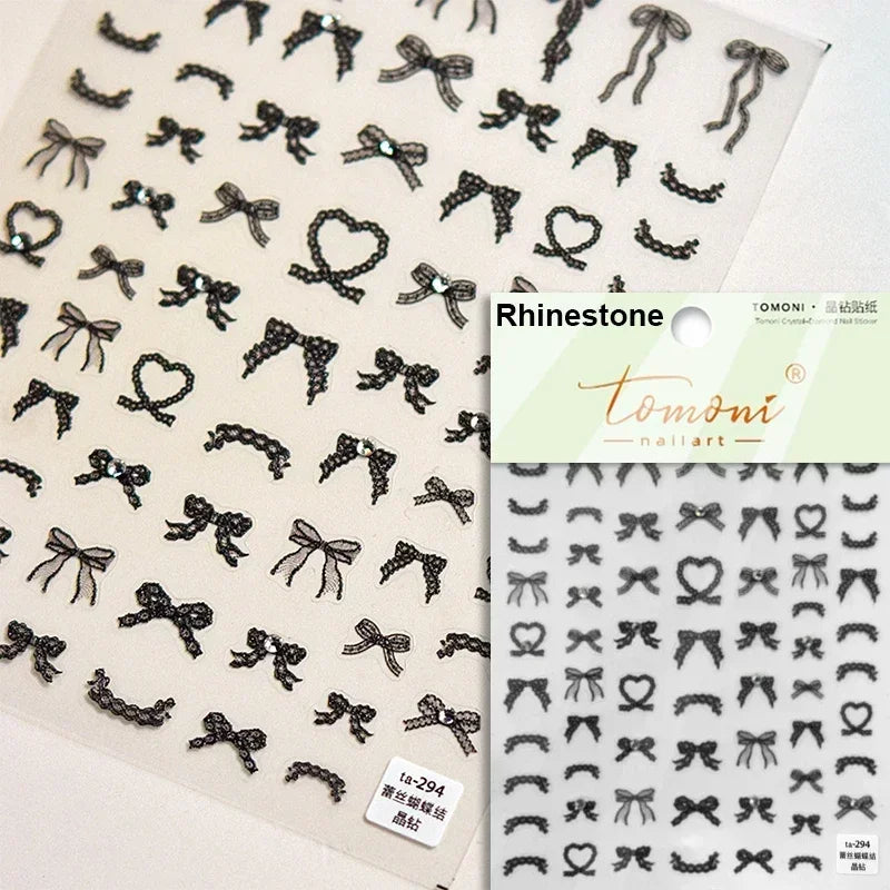 French Leopard Print Bowknot Lace Ribbon Rhinestone Pearl Bow Tie Simple White Black Nail Art Stickers Decoration Manicure Decal