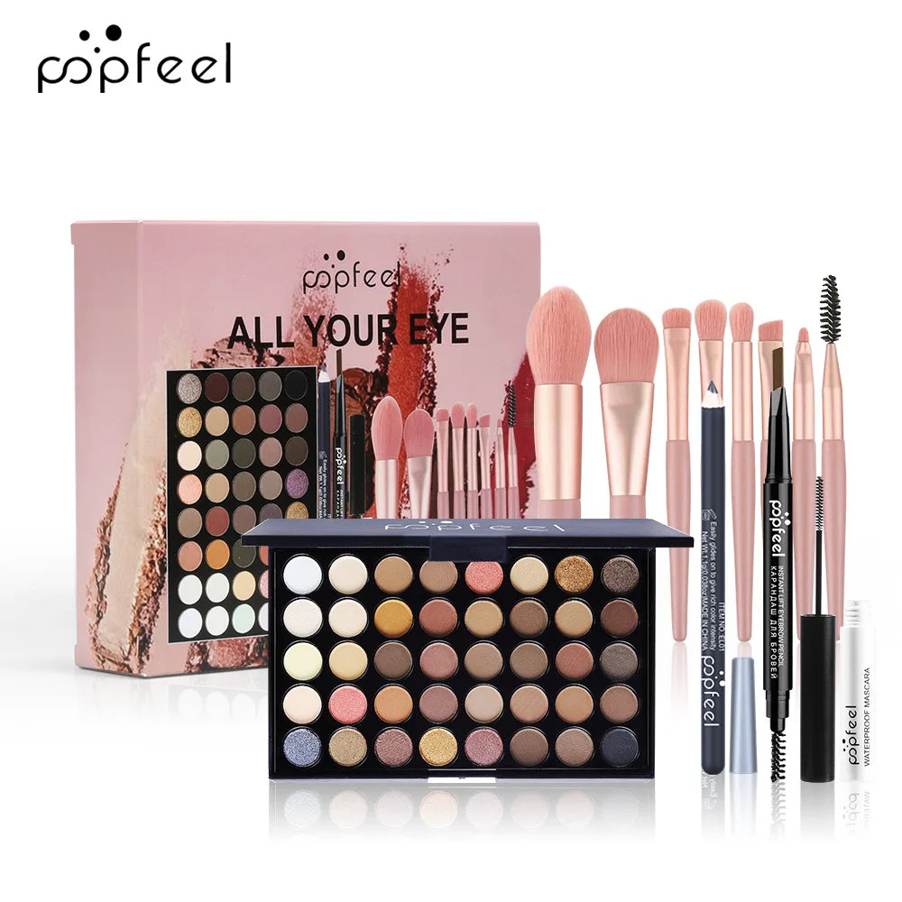 All in One Makeup Kit Gift Set with Eyeshadow Palette Foundation Lip Gloss Blush Brushes Eyeline Mixed Color Paste Long lasting