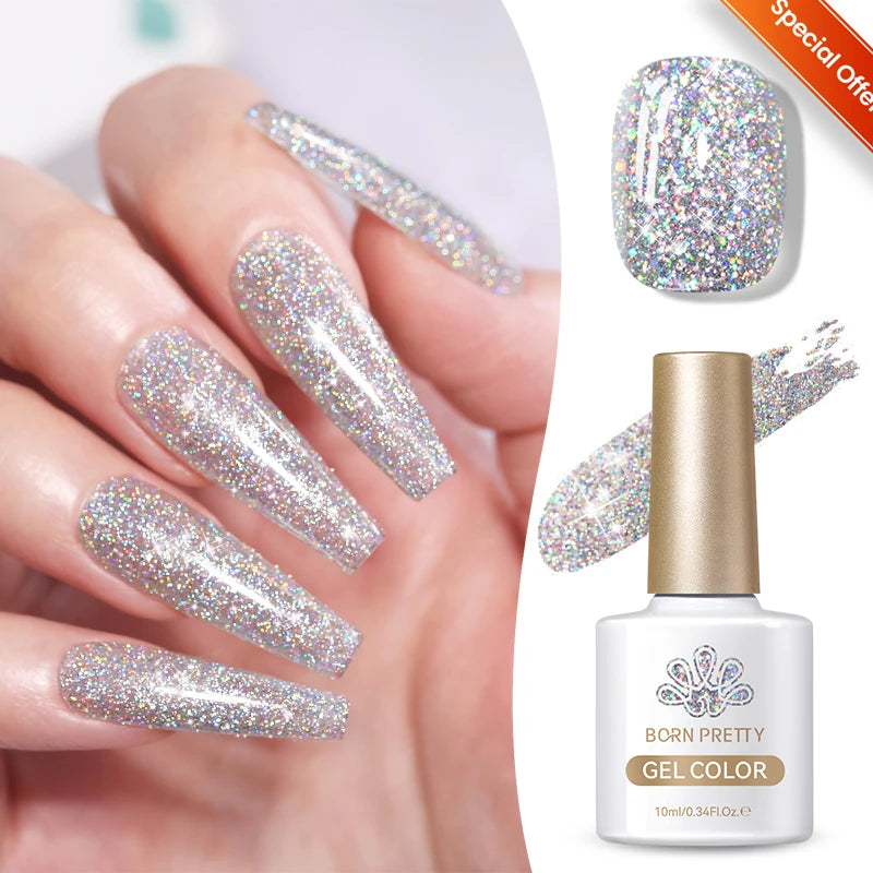 BORN PRETTY 10ml Sliver Carat Mirage Reflective Glitter Gel Nail Polish Sparkling Ultra Shine Soak Off UV Nail Art Gel Varnish