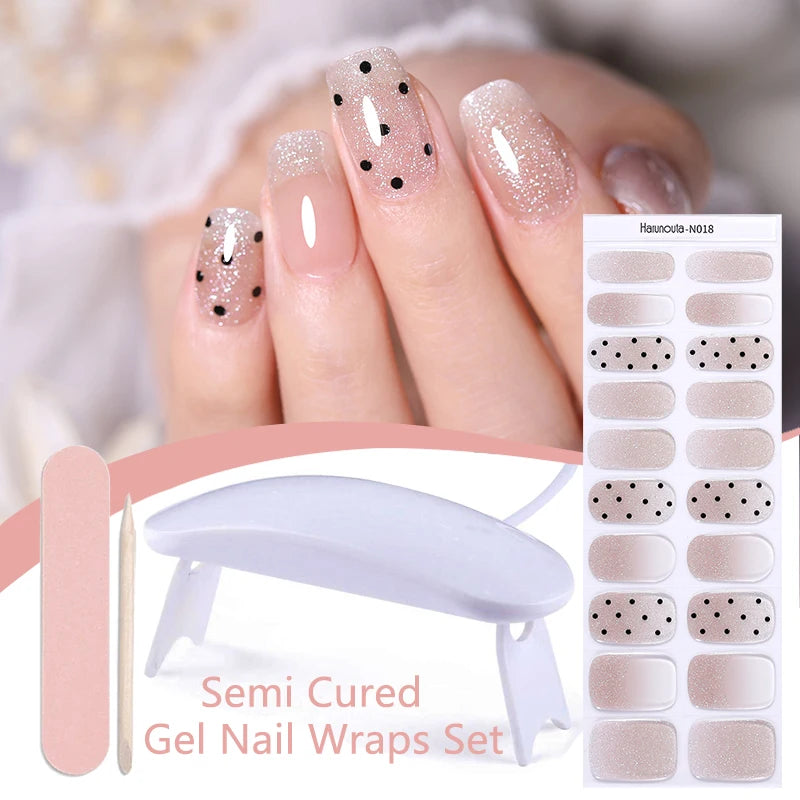 Harunouta 4pcs/set Gradient Jelly Semi Cured Gel Nail Strips with Nail Lamp Nude Pink Waterproof Nail Stickers Long Lasting Wrap