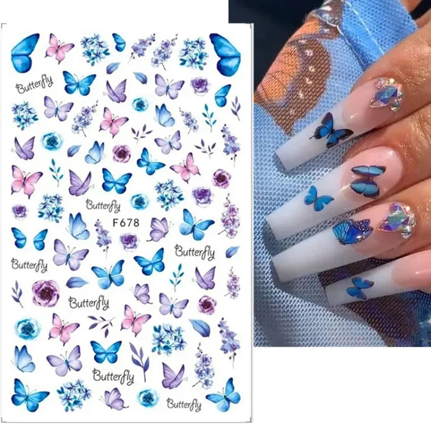 Elegant Butterfly Nail Manicure Stickers Blue Butterflies Leopard Retro Flowers Adhesive Decal Wedding Charm Manicure Tips