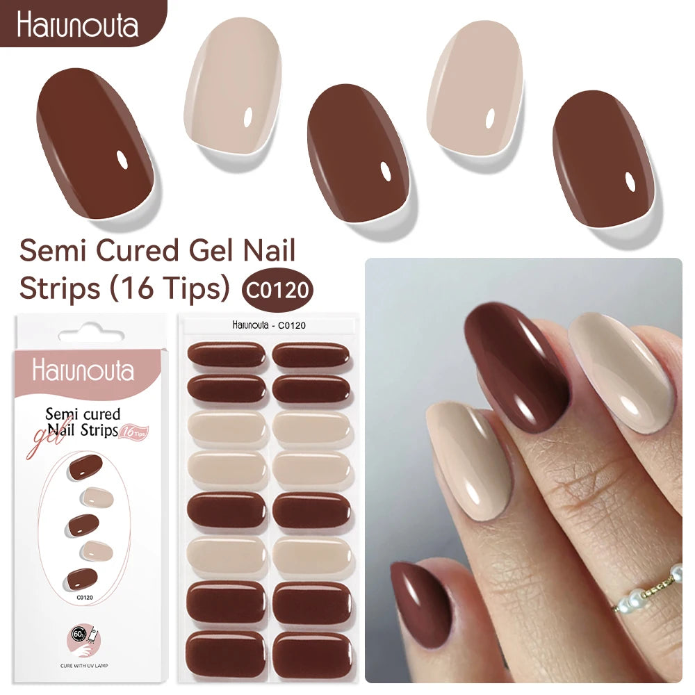 Harunouta 16strips Gradient Red Marble Gold Line Semi Cured Gel Nail Strips DIY Gel Polish Stickers for Nails Work with UV/LED