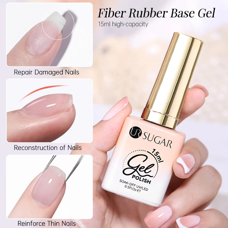 UR SUGAR 15ml Fiber Rubber Base Gel Upgrade Broken Nail Repaired Fiberglass Clear Quick Building UV Construction Gel Soak Off