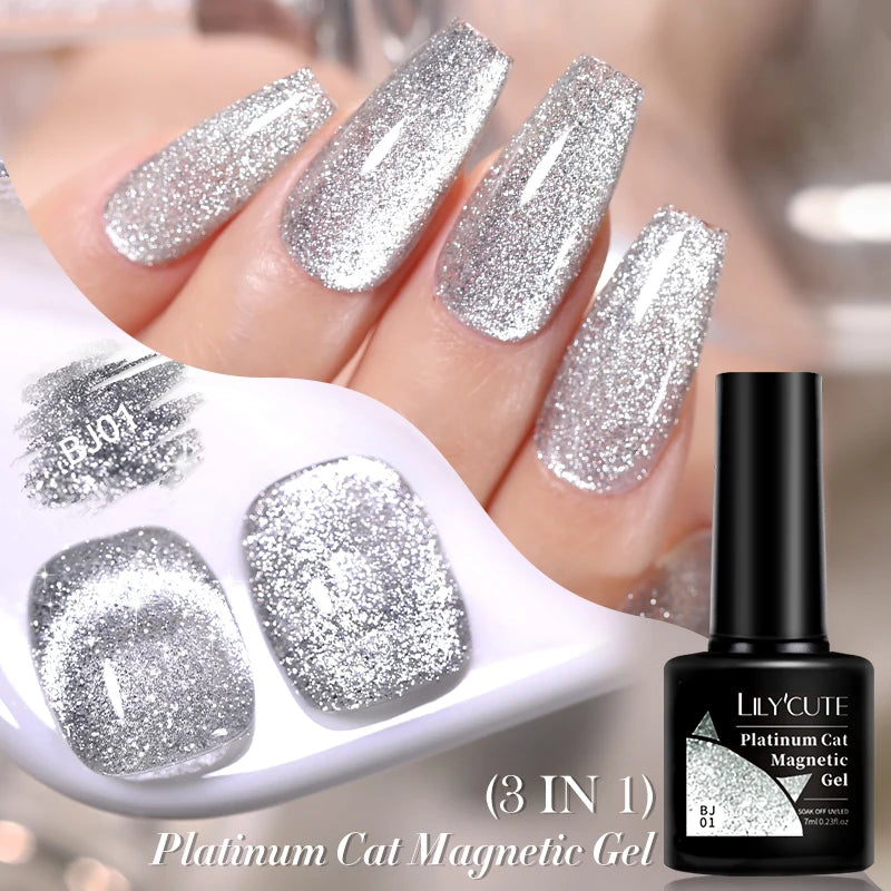 LILYCUTE 7ML 3 IN 1 Platinum Cat Magnetic Gel Nail Polish Silver Moonlight Magnetic Nail Sparkling Glitter Semi Permanent UV Gel