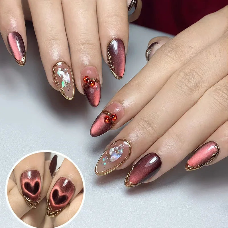 24Pcs 3D Strawberry Rabbit Flower Fake Nails Press on Mid-length Almond Wearable False Nails Green Gradient Pearl Manicure Tips