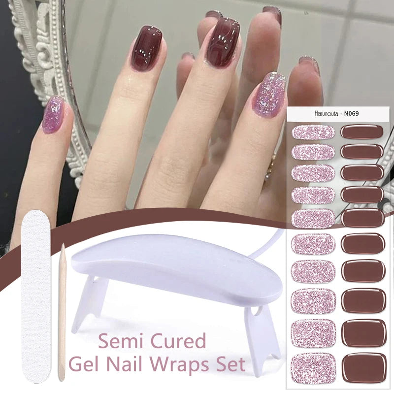 Harunouta 4pcs/set Gradient Jelly Semi Cured Gel Nail Strips with Nail Lamp Nude Pink Waterproof Nail Stickers Long Lasting Wrap