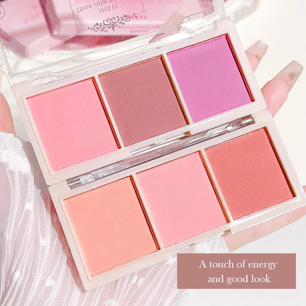 Three color blush tray, milk tea tone, matte and pearl natural gloss, brightening, long-lasting, no fly powder rouge makeup