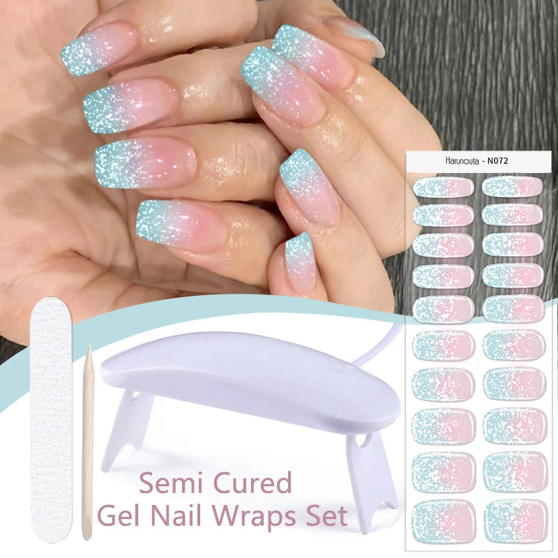 Harunouta 4pcs/set Gradient Jelly Semi Cured Gel Nail Strips with Nail Lamp Nude Pink Waterproof Nail Stickers Long Lasting Wrap