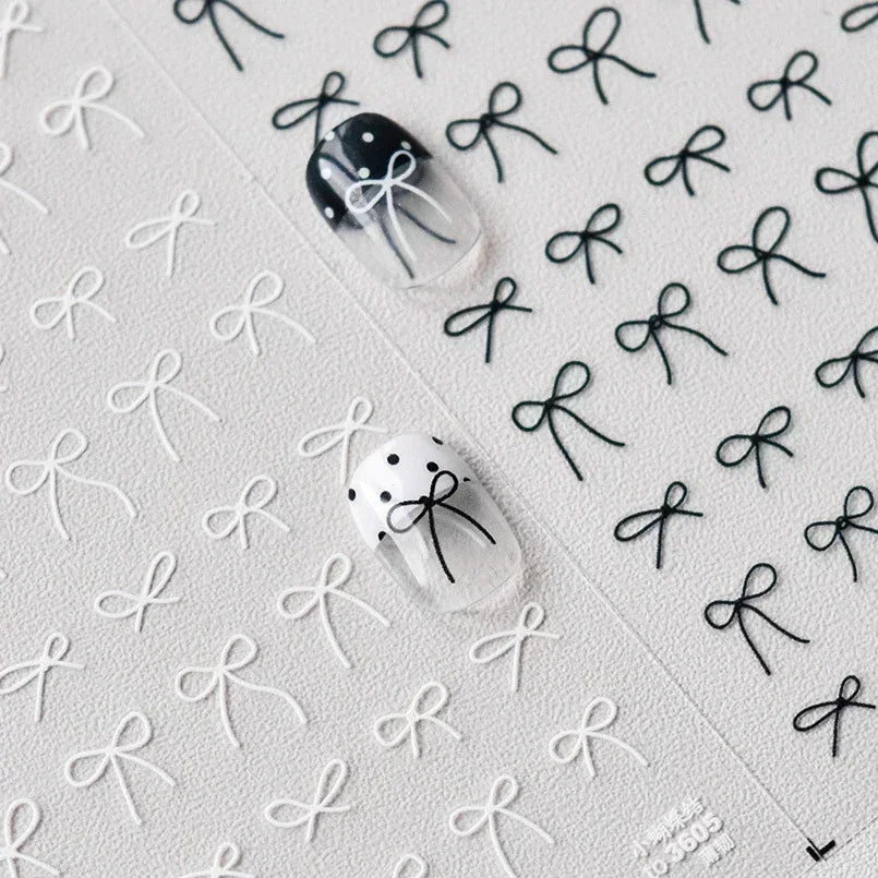 French Leopard Print Bowknot Lace Ribbon Rhinestone Pearl Bow Tie Simple White Black Nail Art Stickers Decoration Manicure Decal
