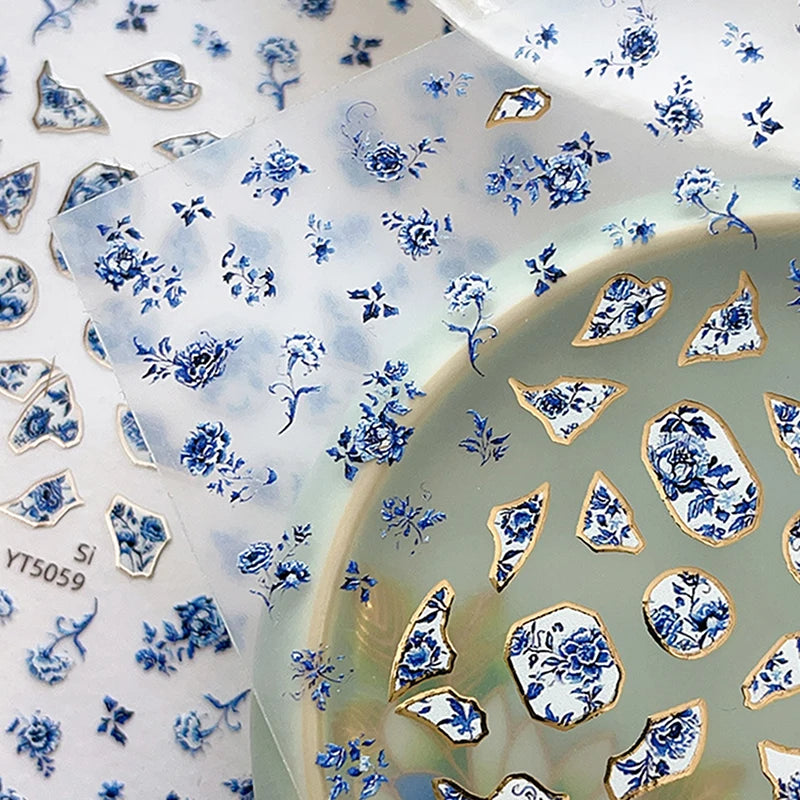 Blue White Porcelain Chinese Style Sticker 3D Self Adhesive Nail Art Sticker Flower Silverback Adhesive Manicure Decal Salon DIY