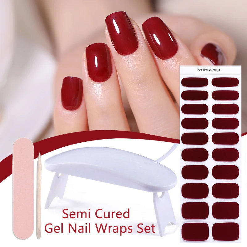 Harunouta 4pcs/set Gradient Jelly Semi Cured Gel Nail Strips with Nail Lamp Nude Pink Waterproof Nail Stickers Long Lasting Wrap