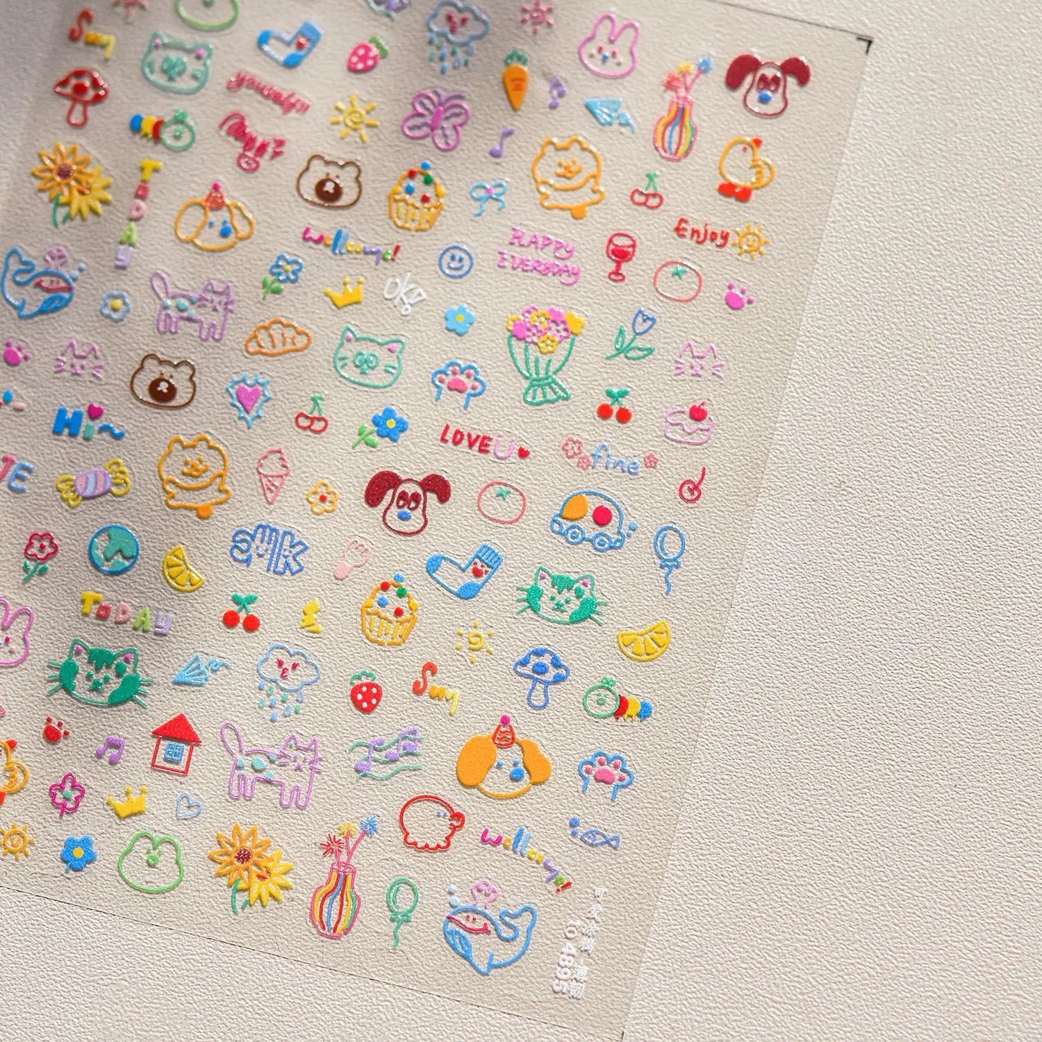 Lovely Animal Graffiti Cat Claw Rabbit Bunny Bear Dog Flower Fruit Dim Sum Candy Sunflower Adhesive 5D Nail Art Stickers Decal