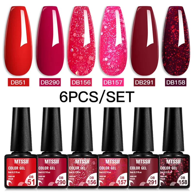 MTSSII 6PCS/Set Sparkly Red Roes Red Gel Nail Polish Shinning Nail Art LED UV Gel Varnish Nail Supplies Manicure Kit for Nails