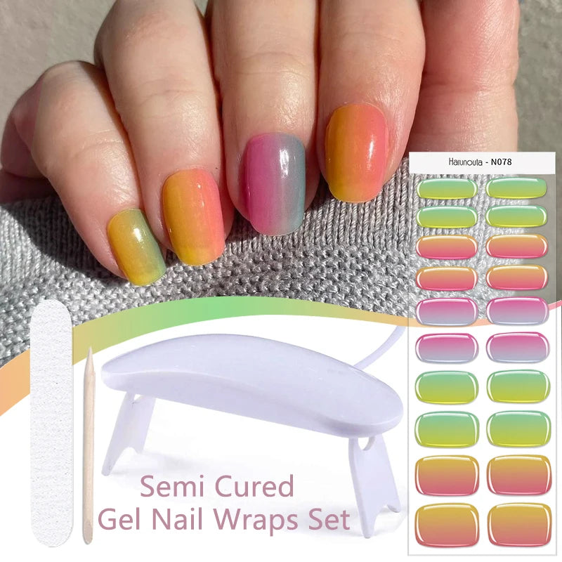 Harunouta 4pcs/set Gradient Jelly Semi Cured Gel Nail Strips with Nail Lamp Nude Pink Waterproof Nail Stickers Long Lasting Wrap