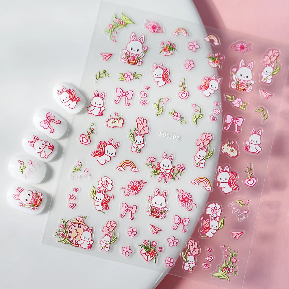 1Pcs 5D Lovely Panda Nail Stickers Cartoon Rabbit/Flower/Animal Self Adhesive Nail Art Decals Y2K Manicure Decorations Sliders *