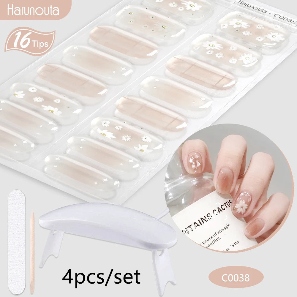Harunouta 4pcs/set Gradient Jelly Semi Cured Gel Nail Strips with Nail Lamp Nude Pink Waterproof Nail Stickers Long Lasting Wrap