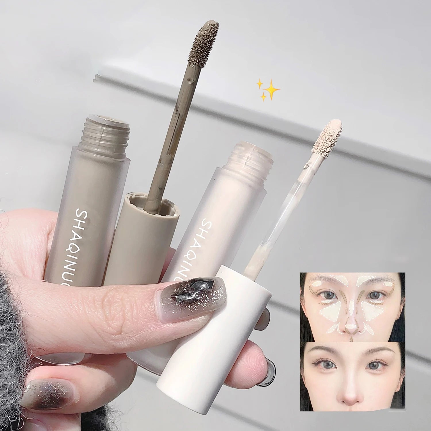 SHAQINUO Two-Color 3D Highlight and Contour Liquid for Nose Highlighting and Side Contouring, Brightening Cement Stick