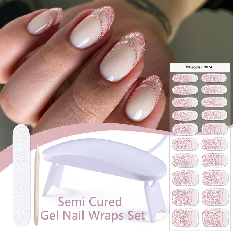 Harunouta 4pcs/set Gradient Jelly Semi Cured Gel Nail Strips with Nail Lamp Nude Pink Waterproof Nail Stickers Long Lasting Wrap