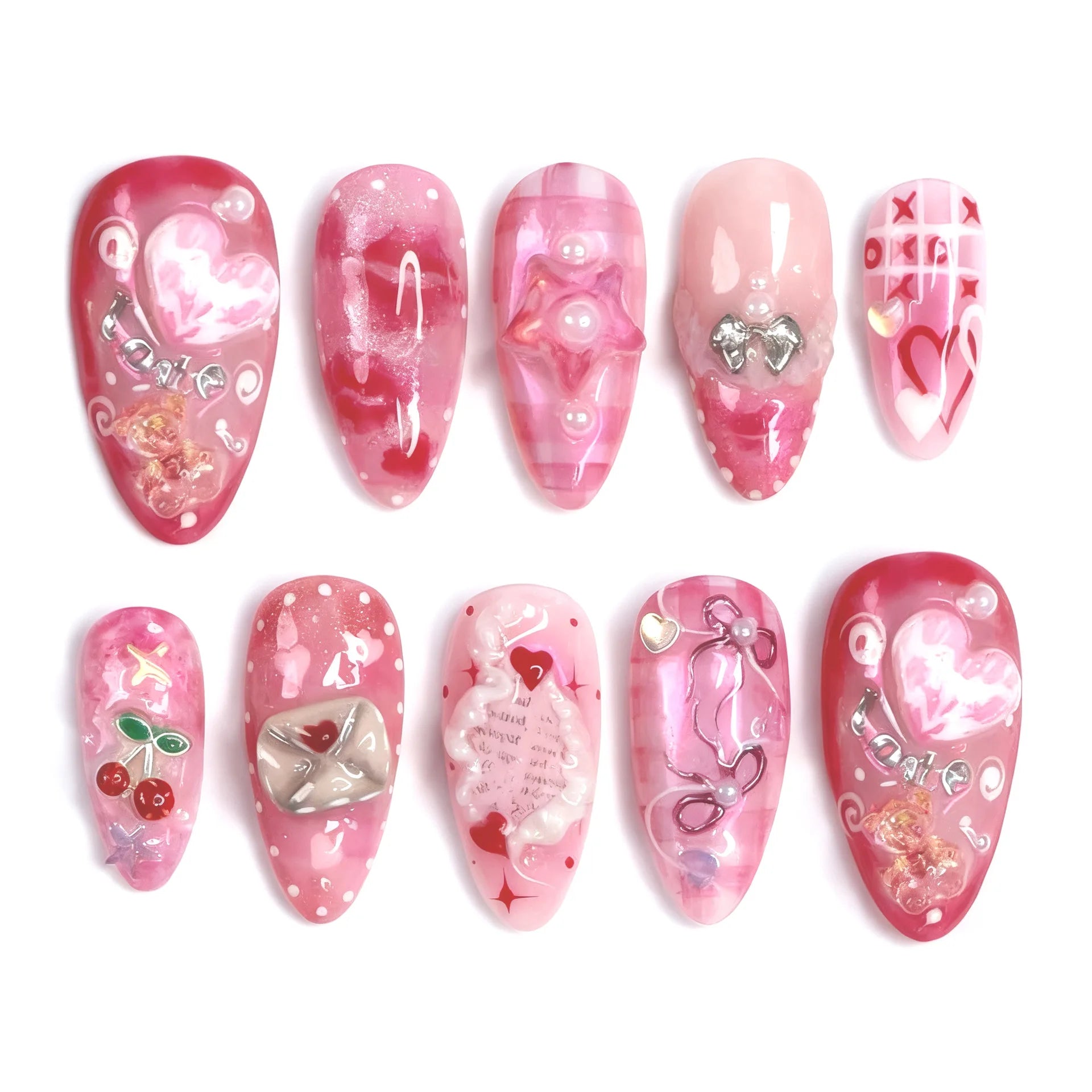 24PCS Wine Red Almond Press on Nails Cartoon Rabbit Bowknot with Plaid Pearl Designs French Fake Nails for Girls Detachable Nail