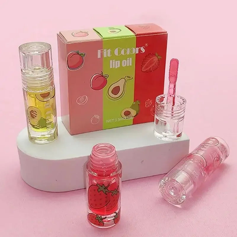 Hydrating Transparent Lip Gloss 3 Piece Set Fruit Scented Lip Oil with Avocado Strawberry and Peach for Soft Smooth Lips