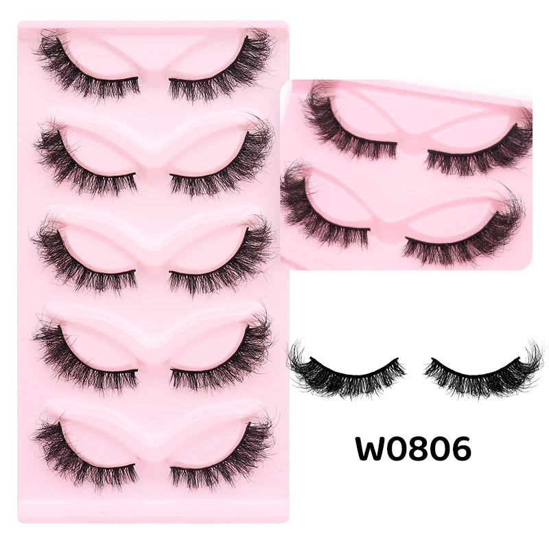 DINGSEN 5 Pairs Cat Eyelashes Fluffy Cat Lashes Fake Eyelash Wispy Natural Look long Mink Eyelashes Strip Lashes Cat Eye Lashes