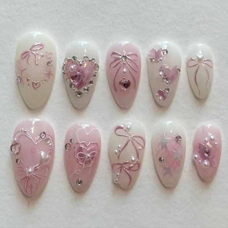 24PCS Wine Red Almond Press on Nails Cartoon Rabbit Bowknot with Plaid Pearl Designs French Fake Nails for Girls Detachable Nail