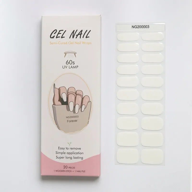 16/20Tips Semi-Cured Nail Wraps Simple Color Adhesive Full Cover Stickers for Nails UV Lamp Need Press On Nails DIY Manicure
