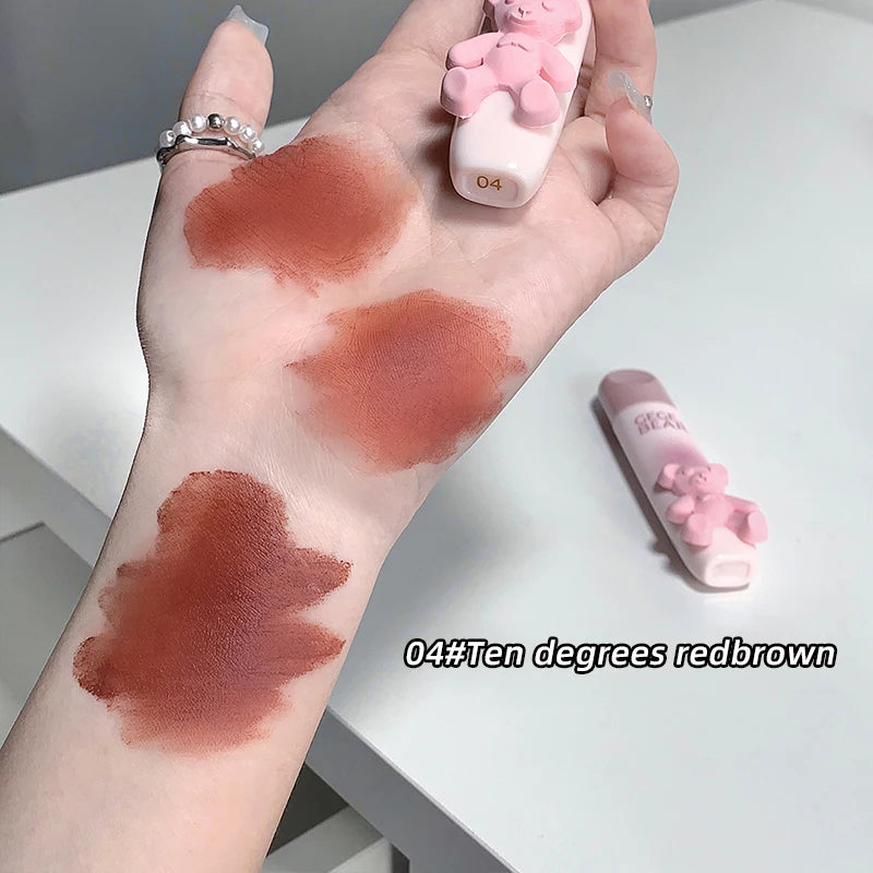 Cute Little Bear Lip Glaze Mist Face Matte Velvet Lipstick Holding Makeup Whitening Lip Cream Coloring Lip Color