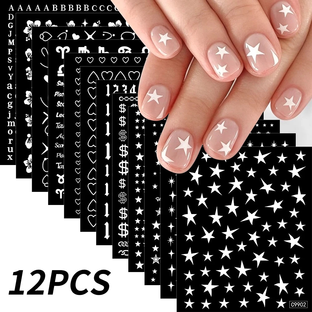12pcs Bronzing Laser Star Nail Stickers 3D Alphabet/Heart/Flower Nail Art Self-Adhesive Sliders DIY Gradient Manicure Y2K Decals