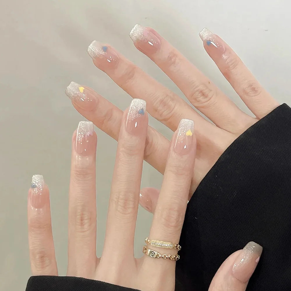 24Pcs Pink Cat Blue Love Cute Short Ballet Press on False Nails Sweet French Cat Eye Bow Star Designs Style Detachable Nails Set