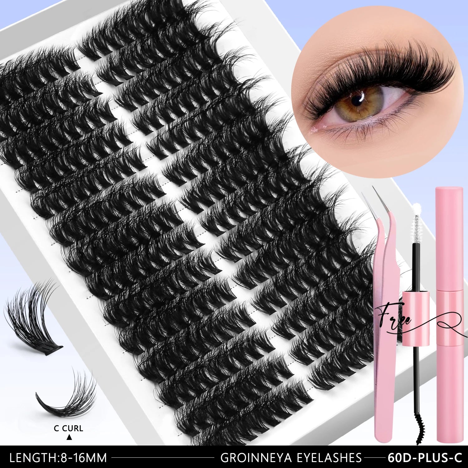 GROINNEYA DIY Eyelash Extension Kit Lashes Clusters Set Mix Eyelashes Full Set With Lash Bond&Seal and Eyelash Tweezers Makeup