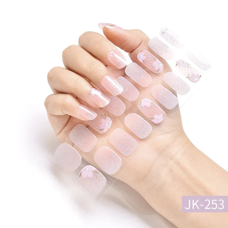 16/20Tips Semi-Cured Nail Wraps Simple Color Adhesive Full Cover Stickers for Nails UV Lamp Need Press On Nails DIY Manicure